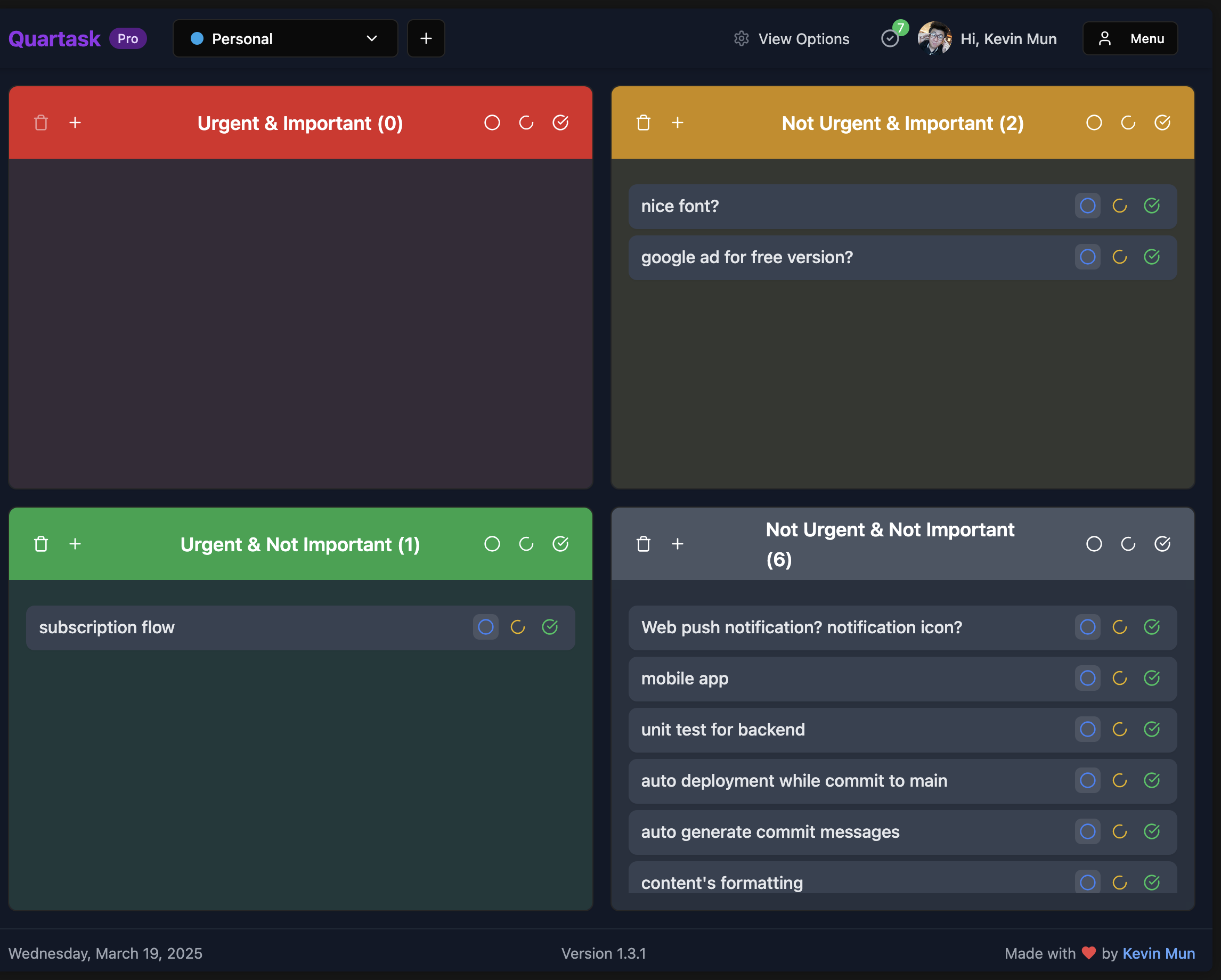 Eisenhower Matrix app interface showing 4 quadrants for task prioritization - Urgent Important, Not Urgent Important, Urgent Not Important, Not Urgent Not Important